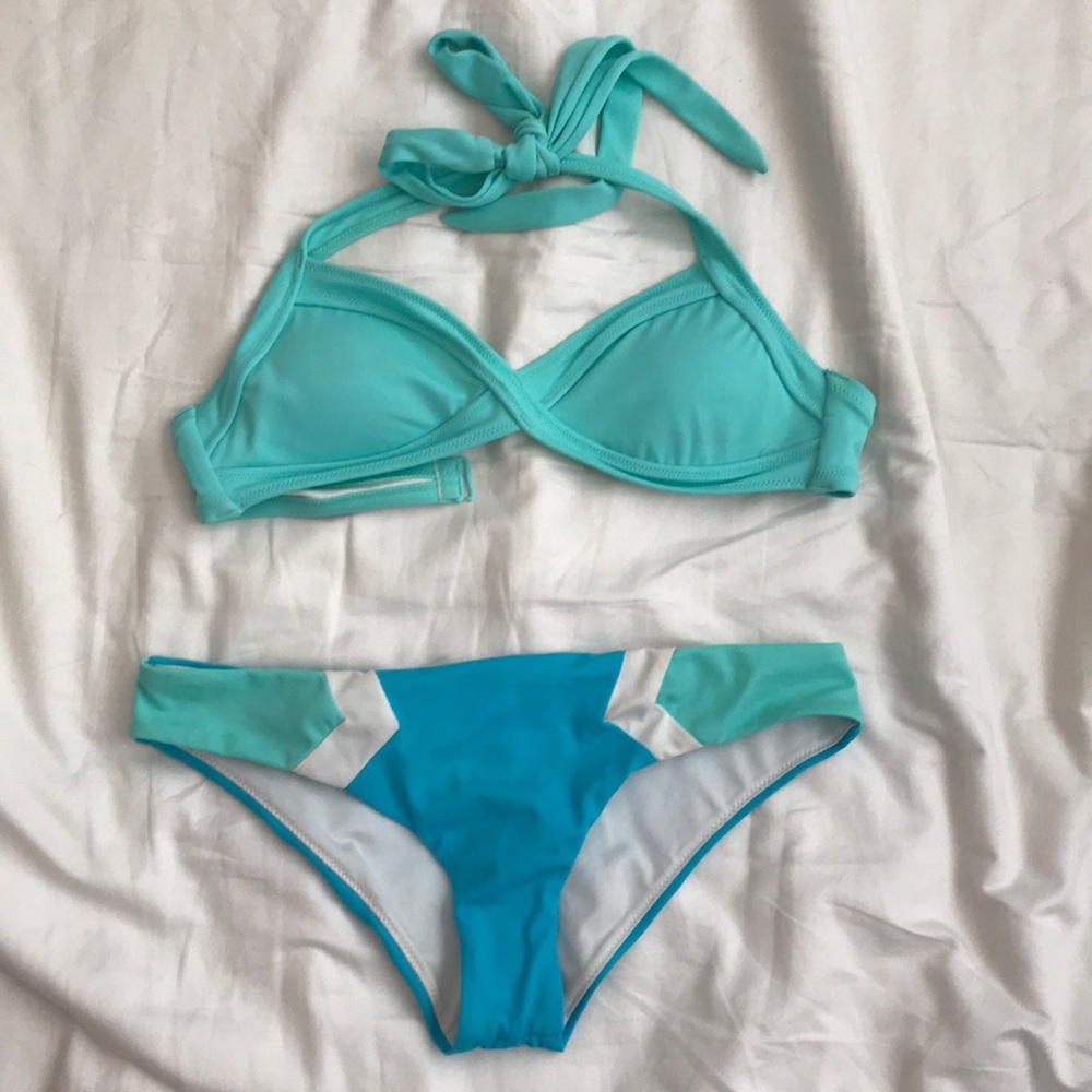 PINK victoria secret blue and teal bikini set
